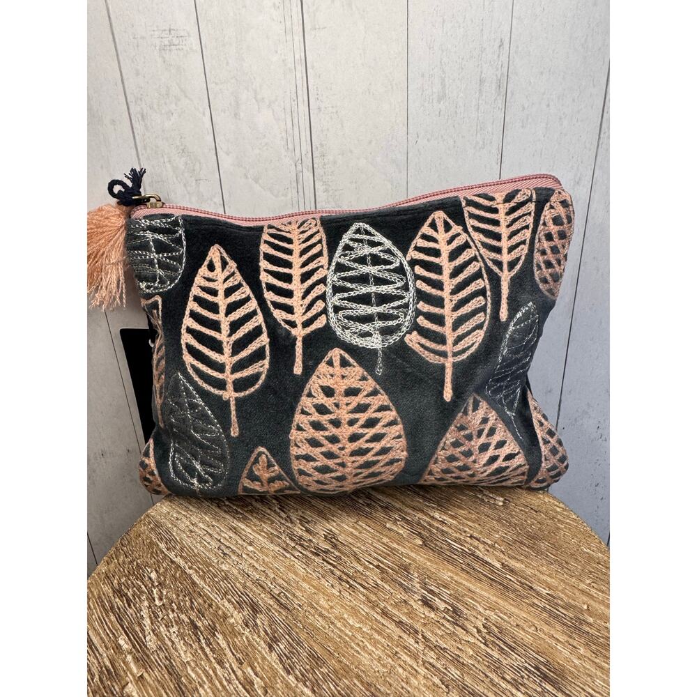 Pink Gray Velvet Pouch Leaves Large Makeup Bag 8 x 6 inches NEW FAST SHIP